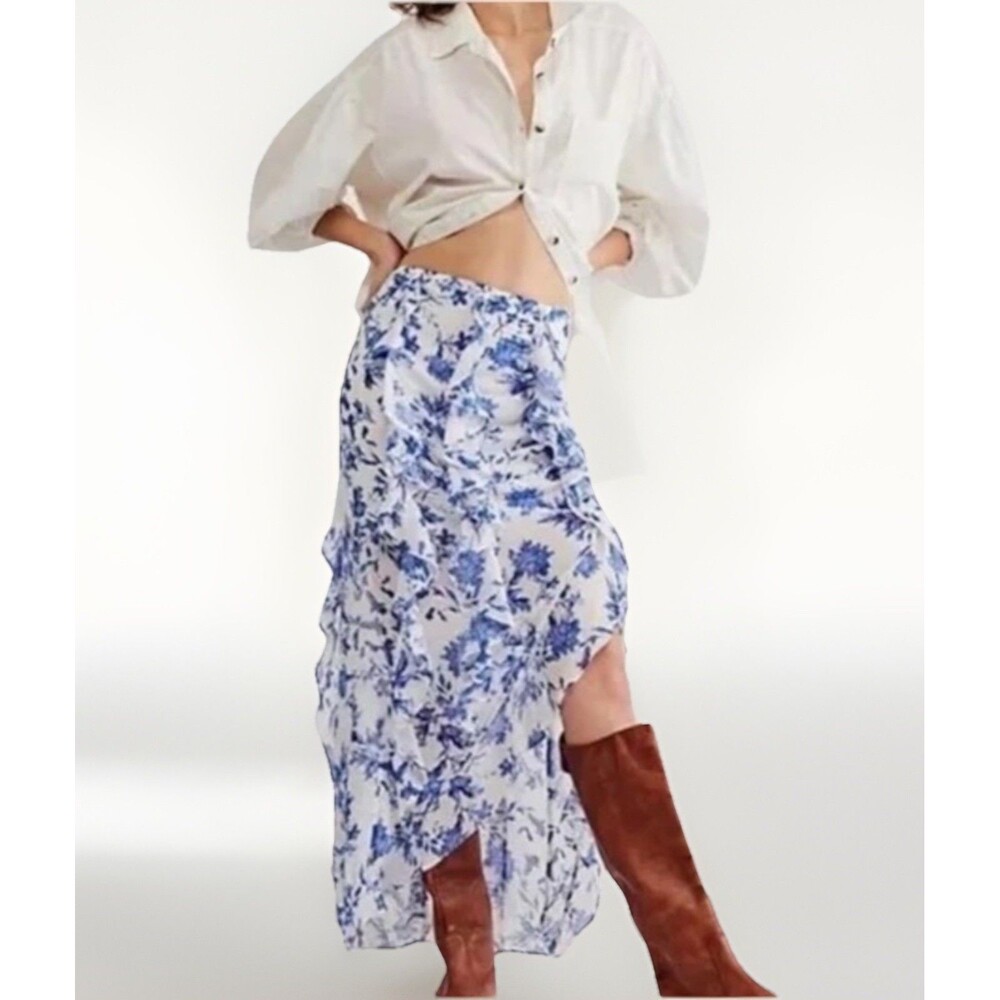 Free People Flounce Around Maxi Skirt Womens Size 6 Blue/White Floral Boho Slit